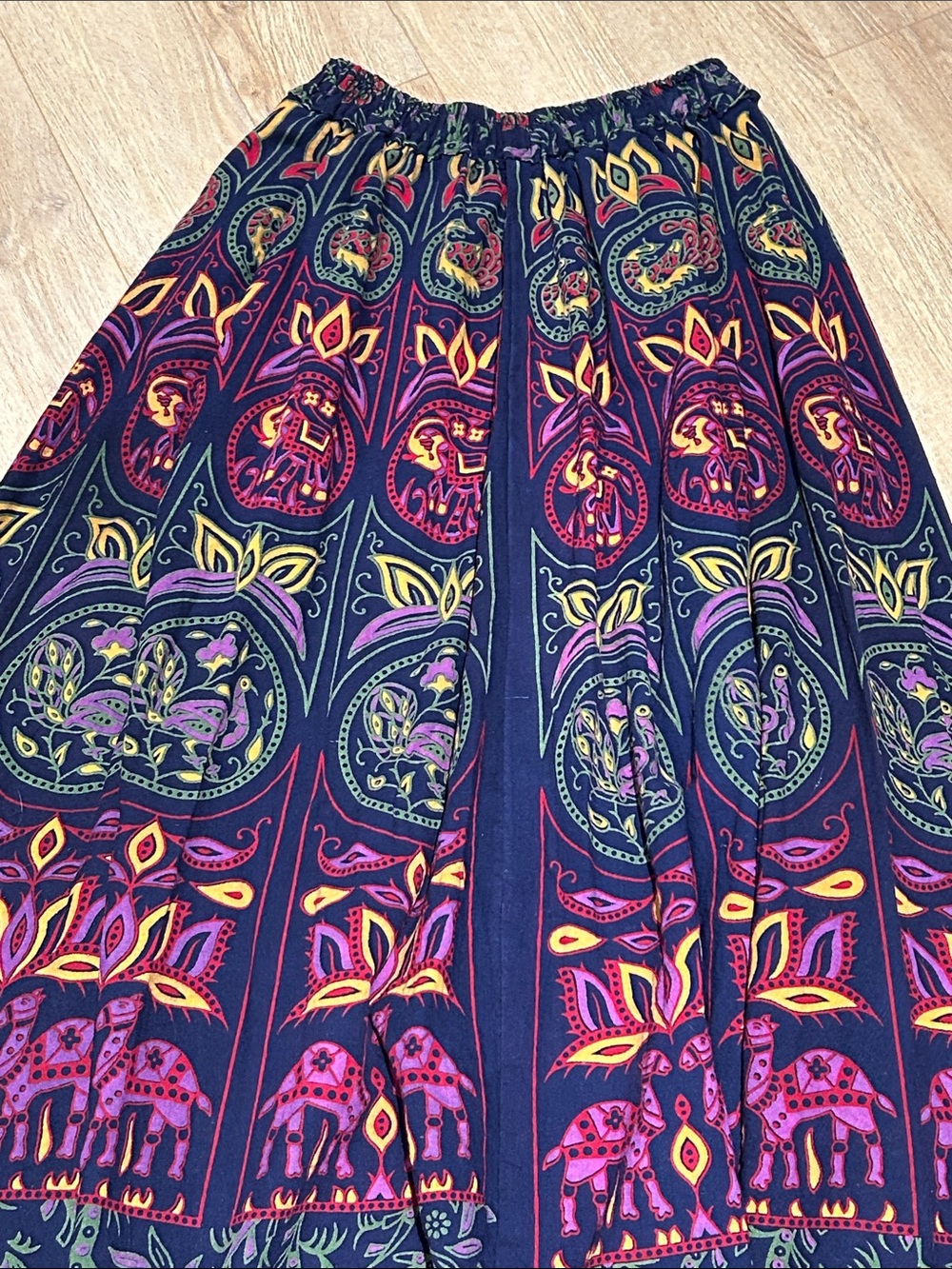 Boho Navy Maxi Skirt with Colorful Elephant Camel Peacock Medallions - Picture 5 of 11